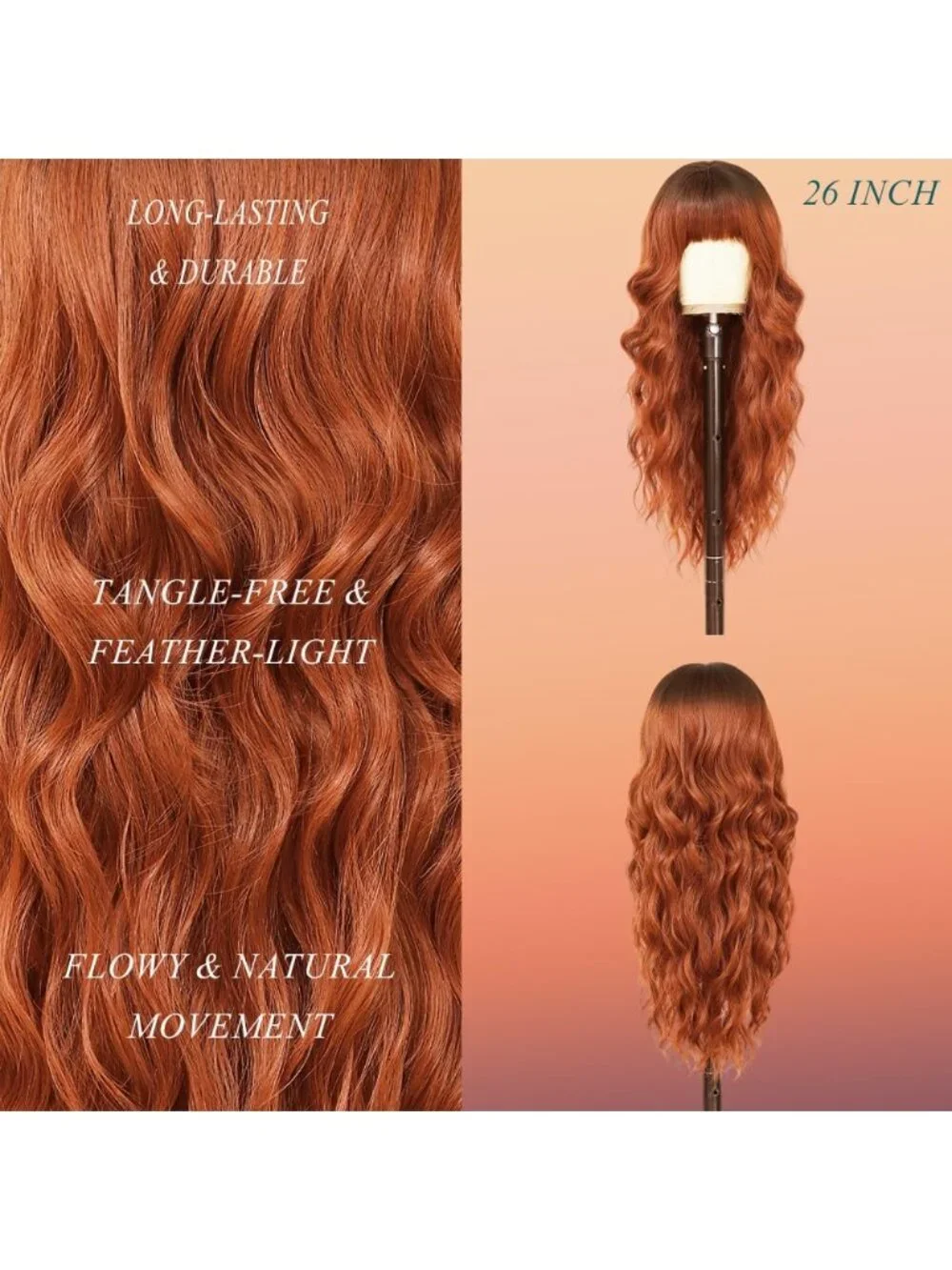 26 Inch Women's Light  Ginger Soft Layered Wavy Curly Hair Wig with Natural Shin